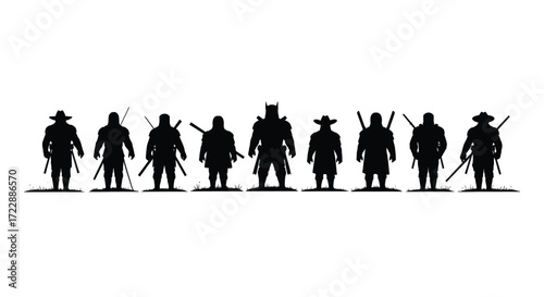 Silhouetted warriors stand ready a group of diverse fighters in dynamic poses vector