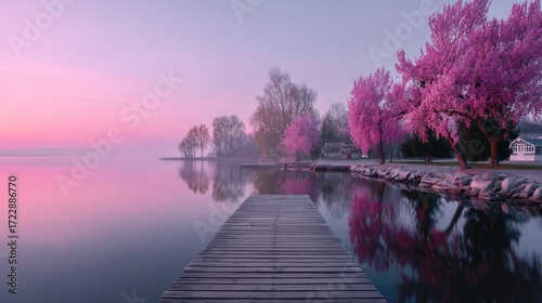 Wooden Pier Extends to Calm Lake with Pink Sky Reflection and Cherry Blossoms at Sunset Serene Water Surface and Horizon in Soft Colors