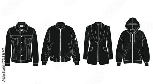 Set of four stylish black jackets including denim bomber leather and hooded styles vector