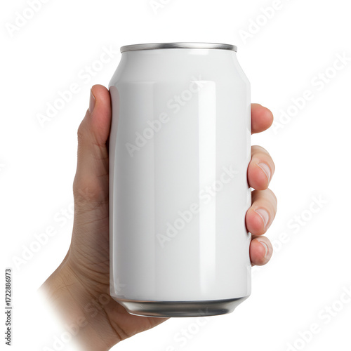 Hand holding a sleek, blank white aluminum can ready for your branding mockup design