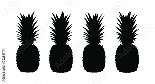 Four identical black silhouette pineapples arranged uniformly in a row vector