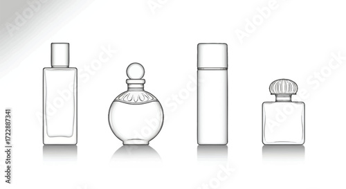 Collection of elegant glass perfume bottles with refined shapes displayed artistically vector