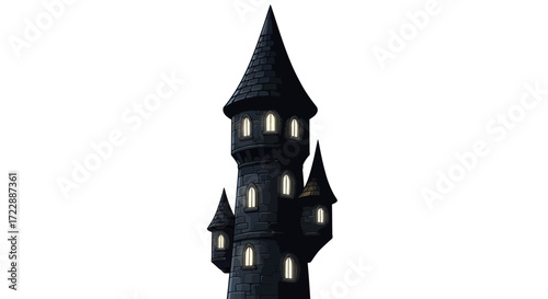 Cartoonish Dark Stone Castle Tower with Illuminated Windows on a White Backdrop