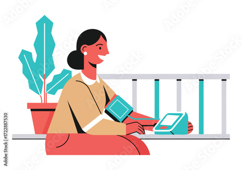 Woman checking her blood pressure at home with a digital monitor