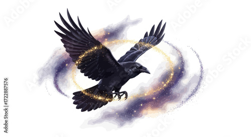 Celestial raven soaring through a sparkling cosmos, symbolizing wisdom and mystery
