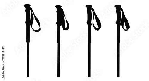 Four collapsible trekking poles arranged in a row ready for outdoor adventures vector