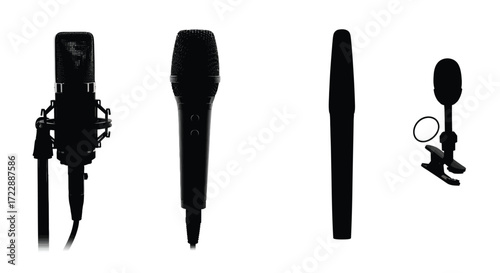 Collection of four diverse microphone silhouettes for audio recording and podcasting applications vector