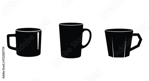 Three black ceramic coffee mugs with handles isolated studio shot minimalist beverage drinkware collection vector