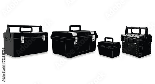 Collection of black metal toolboxes of various sizes isolated on white vector