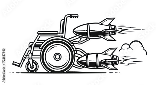 Conceptual graphic illustrating a wheelchair propelling forward with rocket power assistance