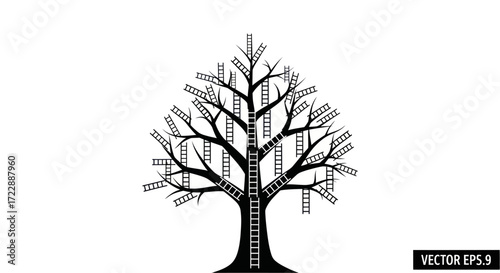 Conceptual illustration of growth and progress represented by a tree full of ladders