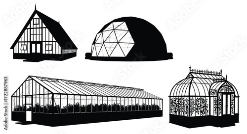Collection of diverse greenhouse structures for horticulture and botanical gardens vintage style vector