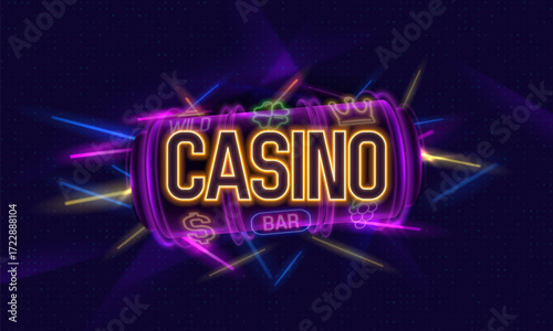 Casino neon banner with slot machine. Bright glowing poster with jackpot symbols and lights. Vector illustration.