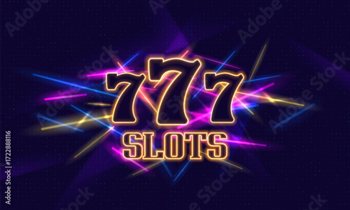 Shining neon sign lucky sevens on a bright background. Mega slots casino banner. Vector illustration.