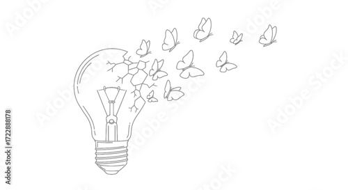 Creative concept of a broken light bulb transformed into butterflies takes flight metaphor