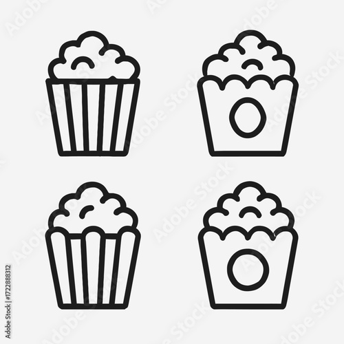 Four simple black and white popcorn bucket icons, different designs, on a light gray background.