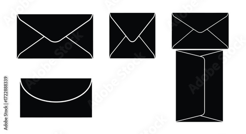 Collection of five black envelopes in various shapes and sizes displayed on a white backdrop vector