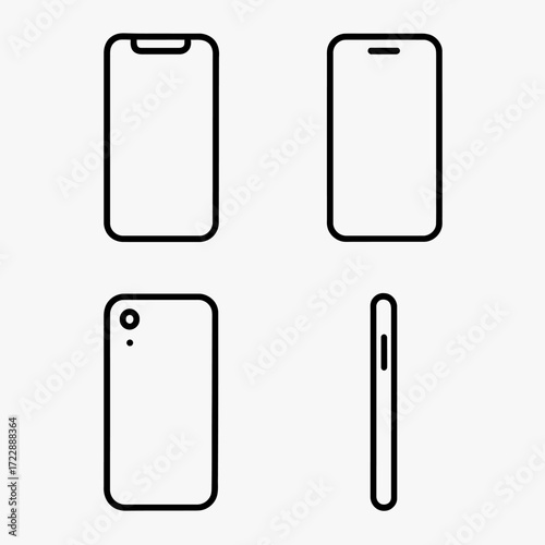 Four views of a smartphone, including front, back, top, and side.