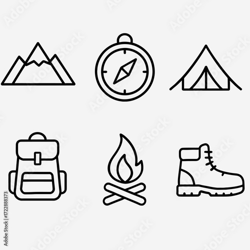 Collection of outdoor camping and hiking icons, including mountains, compass, tent, backpack, campfire, and boot.