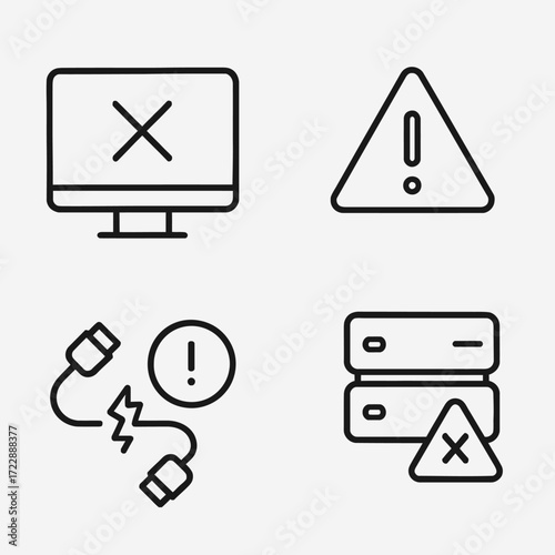 Icons depicting computer error, warning, broken cable, and server problem.