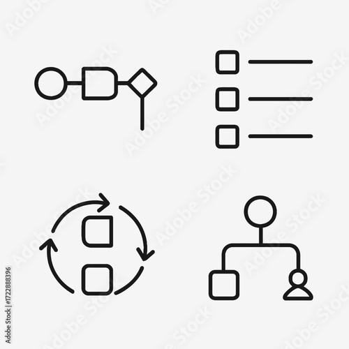 Four simple flowchart icons: process, list, cycle, hierarchy.