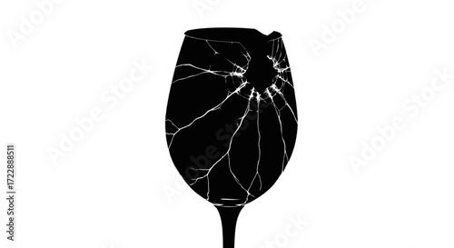 Dramatic broken wine glass silhouette with shattering glass effect and monochrome look isolated on