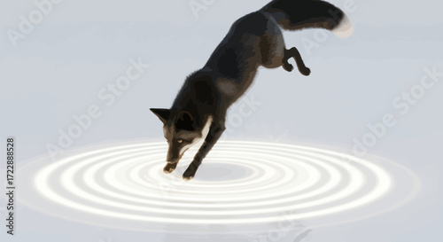 Dramatic dark fox descends to a luminous circle center a surreal mystical depiction