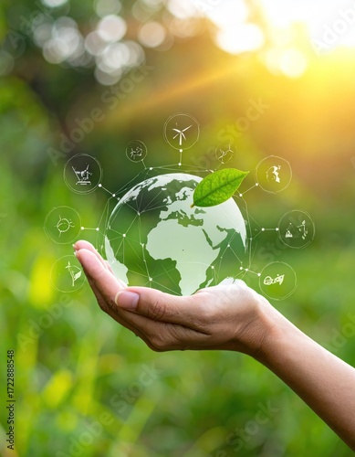 Hand holds glass globe with leaf, surrounded by icons against a blurred green backdrop, illuminated by a bright sunlight