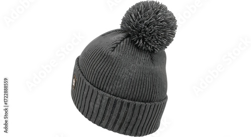 Cozy dark grey knitted beanie hat with pom pom winter fashion accessory vector