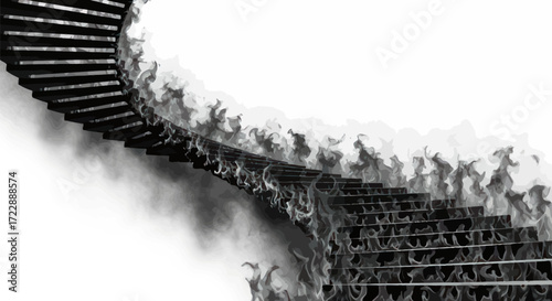 Dramatic stairway to nowhere in black and white with ethereal smoke effects illustration