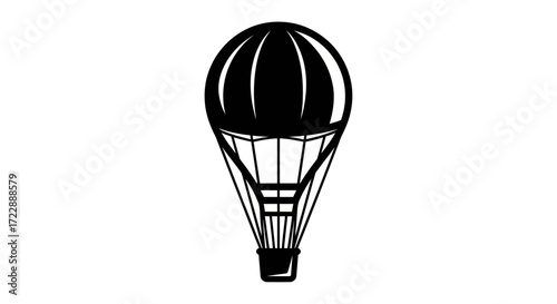 Dramatic silhouette of a hot air balloon ascending against a stark white backdrop
