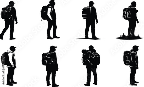 Backpack traveler silhouette set, black, walking and standing poses, casual outfits, urban and outdoor themes, vector exploration illustration bundle