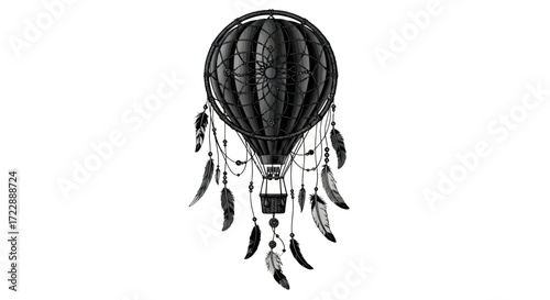 Dreamy escape: A conceptual hot air balloon rendered as an ethereal dreamcatcher artwork