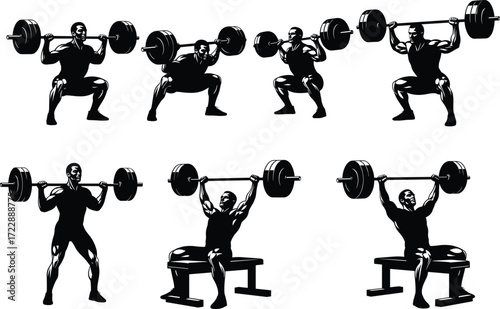 Barbell exercise silhouette set, black, squats and overhead presses, seated and standing poses, strength training theme, vector fitness illustration bundle