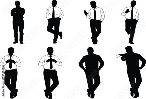 Business gesture silhouette set, black, shirt and tie, phone, cup, leaning pose, vector posture illustration bundle for professionals
