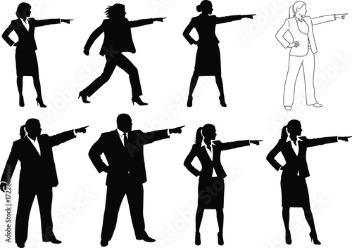 Business professional pointing silhouette set, black, suits and skirts, confident gestures, white outline variation, vector posture illustration bundle