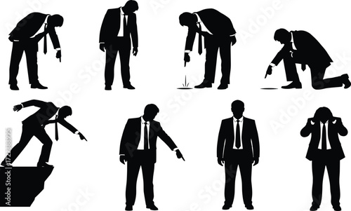 Business stress silhouette set, black, suit poses, kneeling, cliff edge, head holding, dramatic gestures, vector emotional posture illustration bundle
