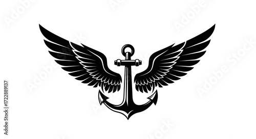 Elegant monochrome illustration featuring a winged anchor symbol of maritime lore