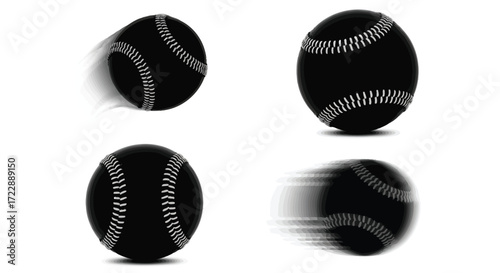 Four dynamic black baseballs in motion on white studio background vector