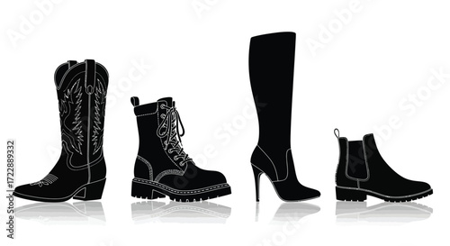 Collection of four black leather boots diverse styles fashion footwear for women on white studio display vector