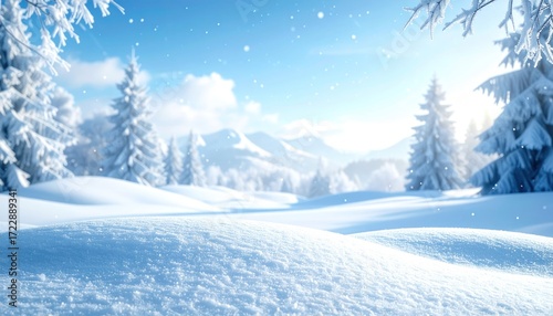 A serene winter landscape with snow-covered trees and rolling hills under a bright blue sky dotted with falling snowflakes