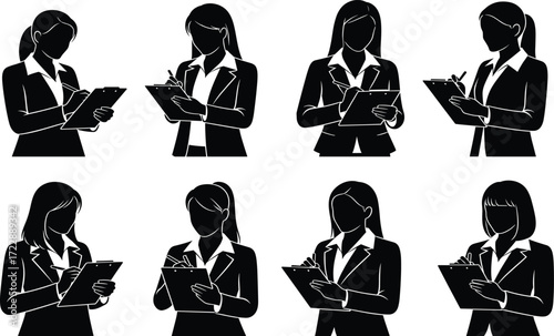 Businesswoman clipboard silhouette set, black, note-taking poses, formal outfits, administrative task theme, vector professional activity illustration bundle