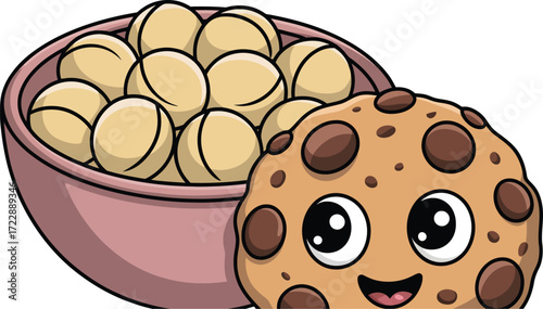 Cute chocolate chip cookie with happy face next to bowl of nuts