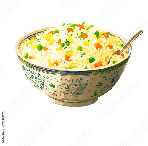 vector illustration, isolate, fried rice with vegetables