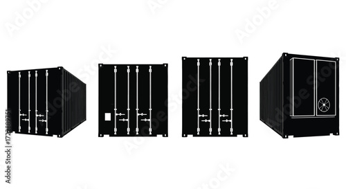 Four black shipping containers shown from multiple angles on a white backdrop vector