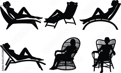 Chair lounge silhouette set, black, reclining and seated poses, modern and wicker styles, vector relaxation posture illustration bundle