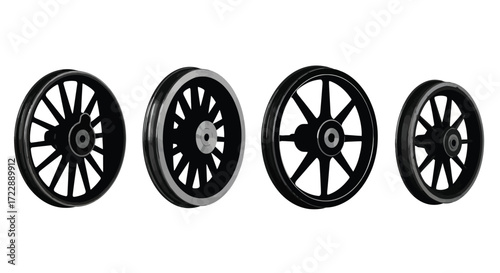 Set of four black motorcycle wheels spoke design different sizes isolated vector