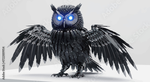 Futuristic mechanical owl with glowing eyes and intricate metal feather design