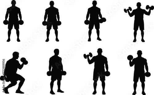 Dumbbell workout silhouette set, black, standing and squatting poses, strength training theme, vector fitness and exercise illustration bundle