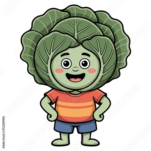 A charming cartoon character dressed as a fresh, leafy cabbage, radiating joy and playful innocence. A vivid depiction suitable for various cheerful themes.